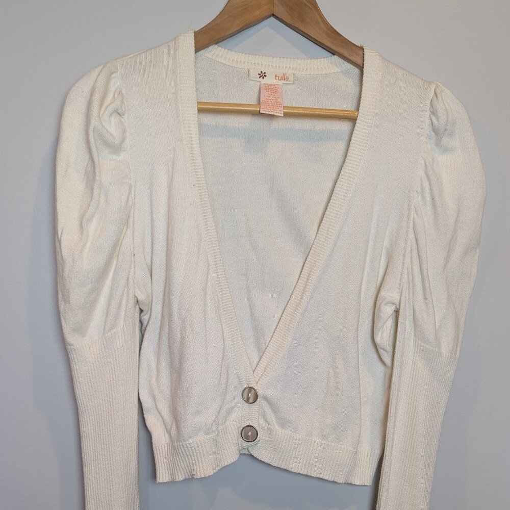 Tulle By Anthropologie Women's Size L White Cropped Buttoned Cardigan Puff